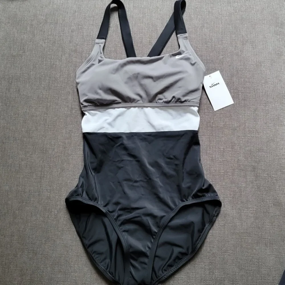 Nike Women's Gray, White & Black Racerback One Piece Swimsuit Size Large
